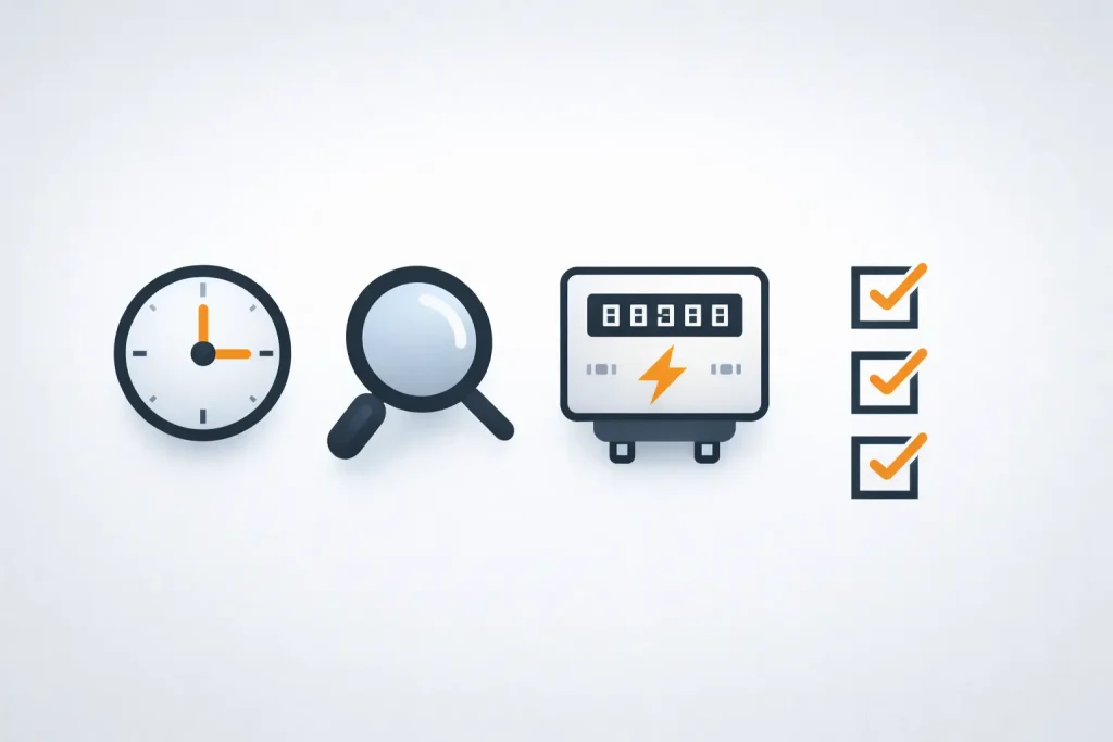 Icons representing a 15-minute mini audit to spot hidden energy waste from data