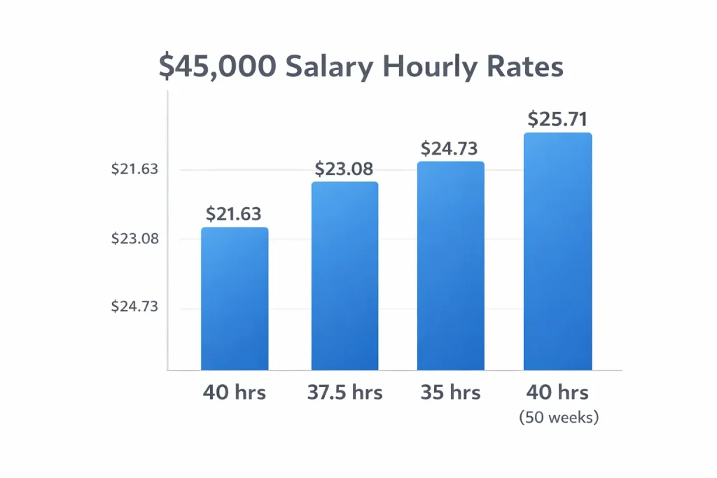 Chart comparing hourly pay for a 45,000 salary across different weekly hours and weeks worked