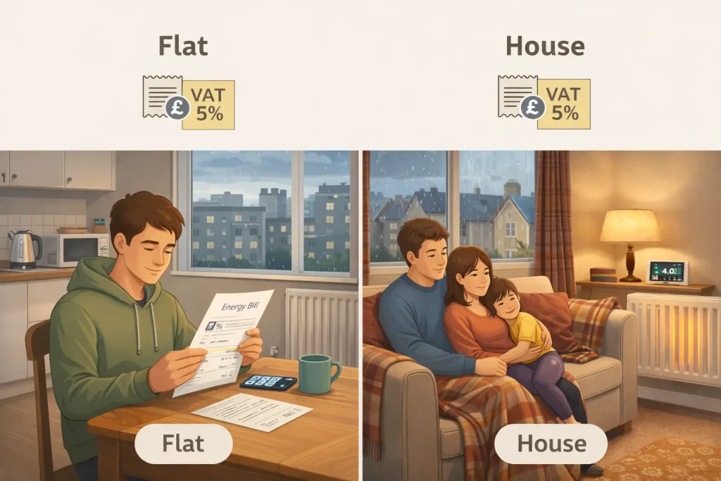 Comparison of VAT on energy bills for a UK flat versus a house (domestic 5% VAT)