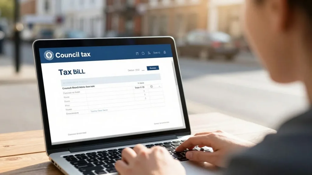 Person viewing council tax bill on laptop.