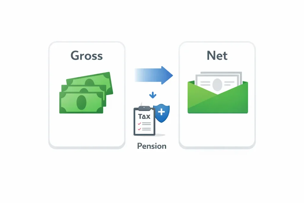 Illustration explaining gross pay versus net pay after deductions