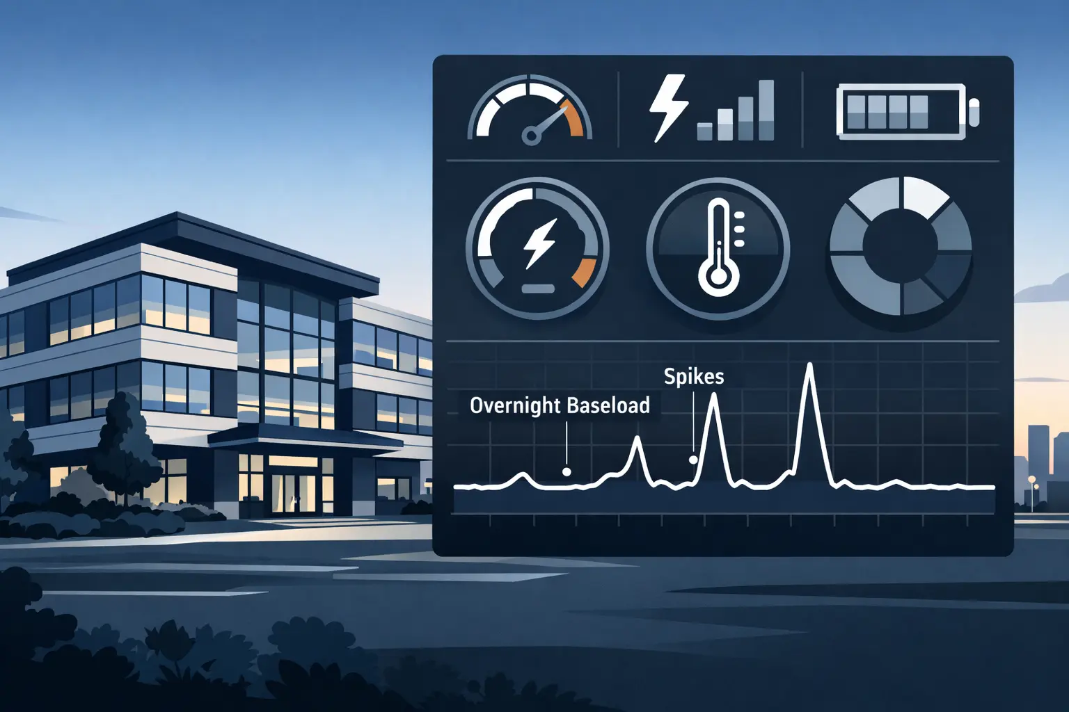 Energy dashboard overlay showing hidden energy waste patterns in building electricity use