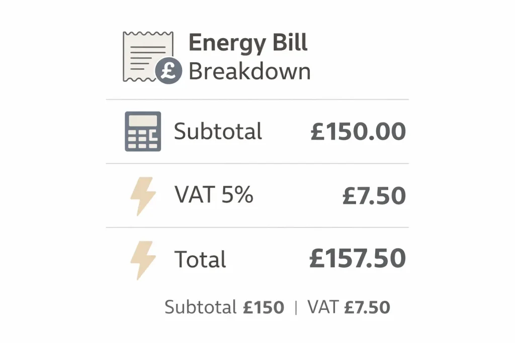 Infographic explaining how 5% VAT is calculated on a UK energy bill (example: £150 subtotal + £7.50 VAT)