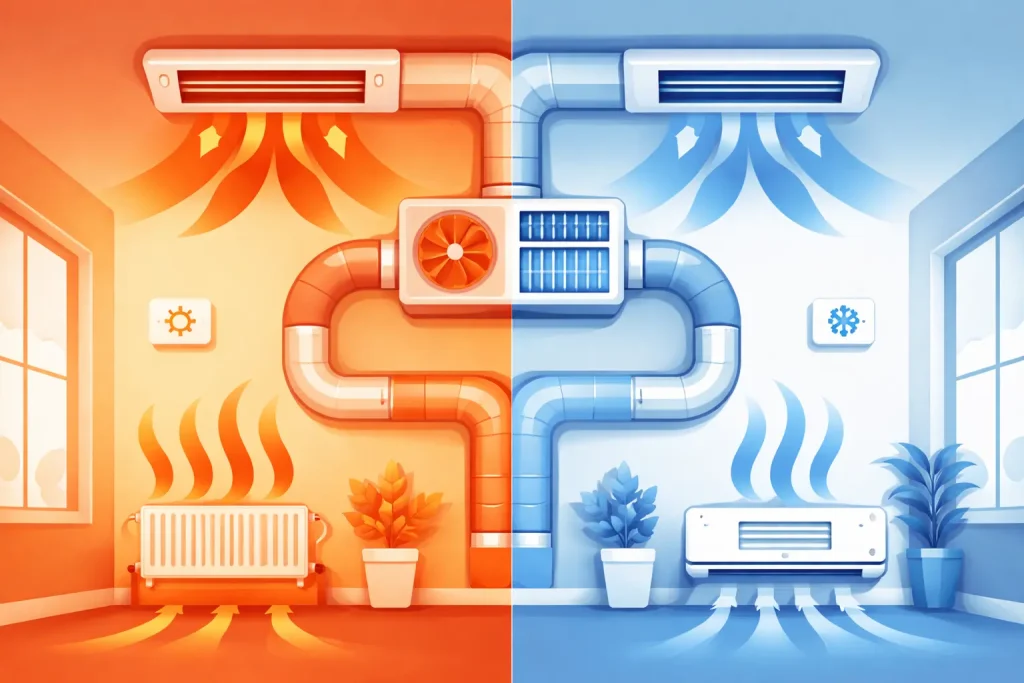 Illustration of heating and cooling running at the same time causing HVAC energy waste