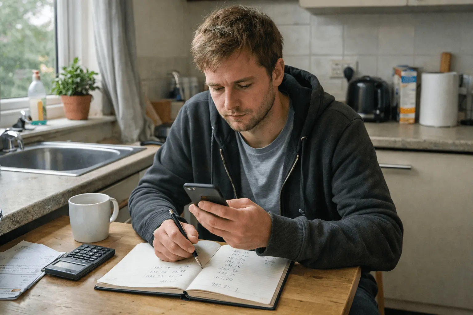 A person in the UK reviewing monthly expenses and budget on a £2,000 income