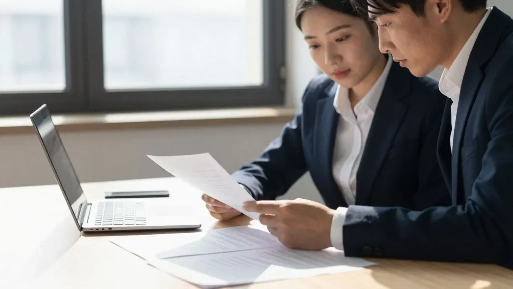 Letting agent working at a desk with documents and laptop.