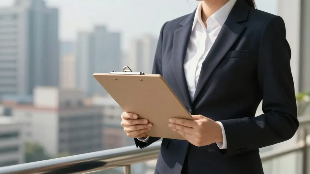 Letting agent looking professional with city buildings in background.