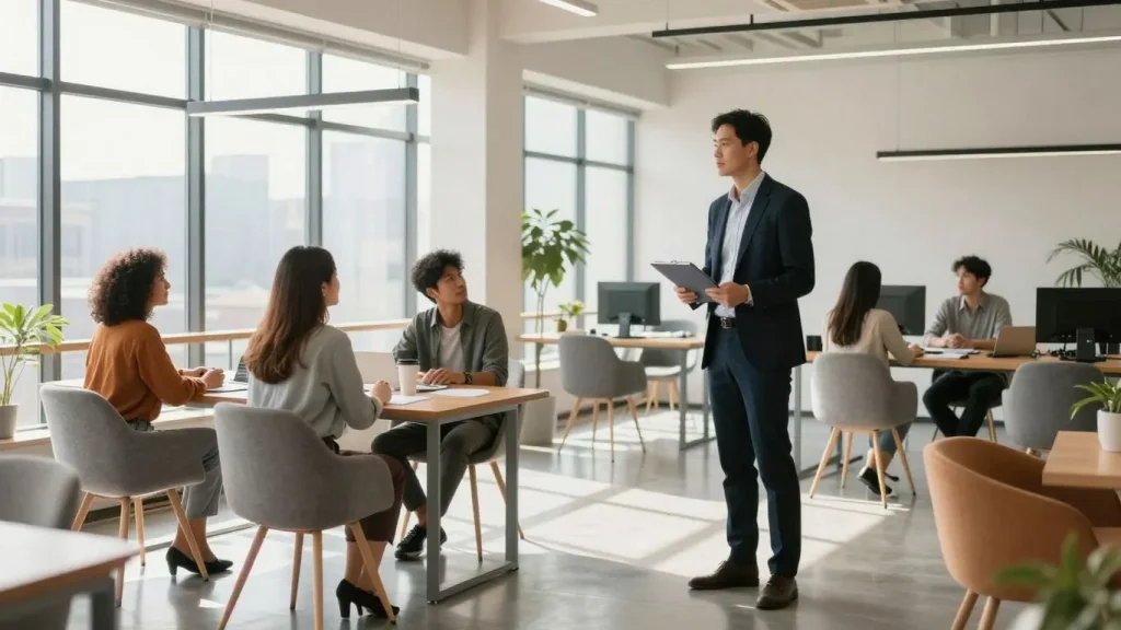 Letting agents and tenants in a modern office.