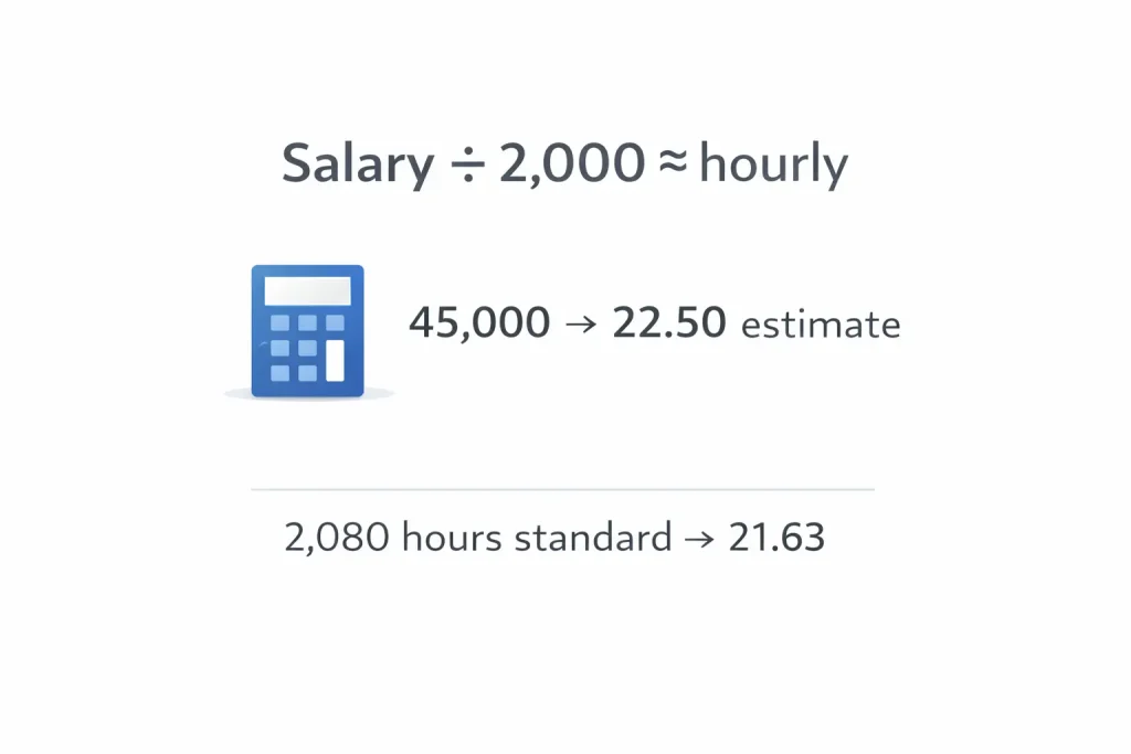 Quick method to estimate hourly pay by dividing salary by 2,000 with a 45,000 example