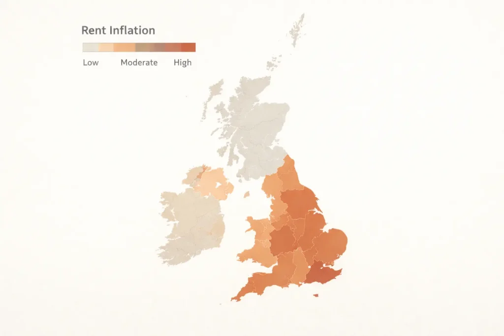 2026 UK rent inflation outlook showing regional differences and rental market forecasts.
