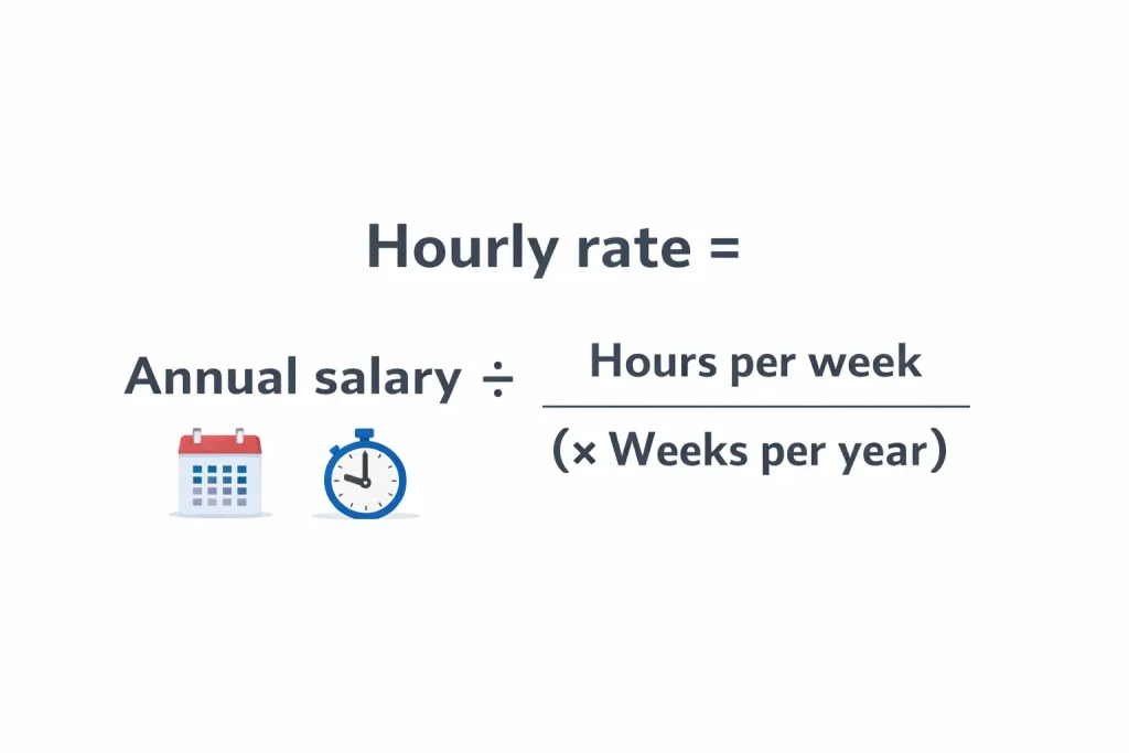 Hourly rate formula: annual salary divided by hours per week times weeks per year