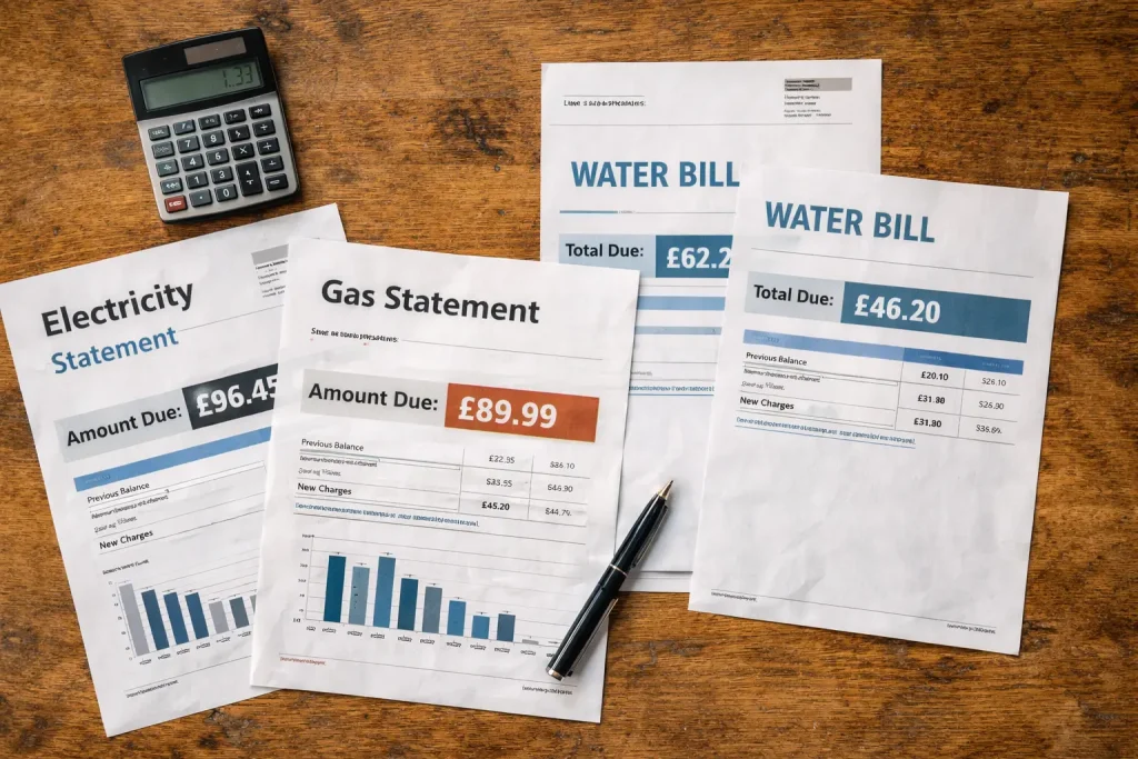 Energy, water and utility bills representing monthly house bill costs in the UK