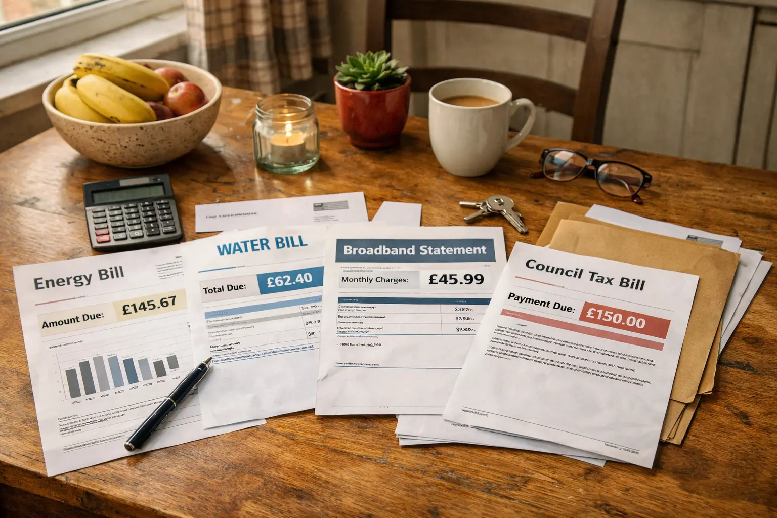 Monthly UK household bills on a table including energy, water, council tax and broadband