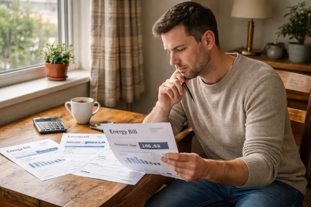 A person reviewing monthly UK household bills and planning their budget