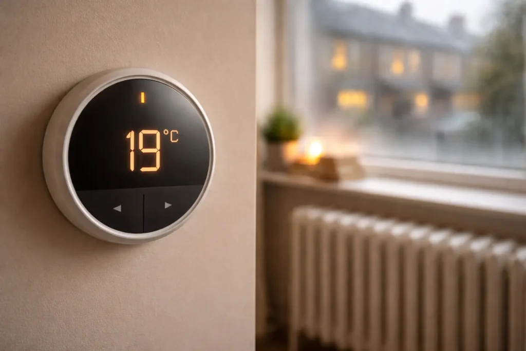 Thermostat set to 19°C in a UK home during winter, with a radiator in the background