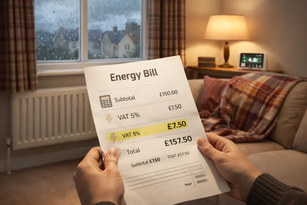 UK winter home scene with an energy bill highlighting the 5% VAT line