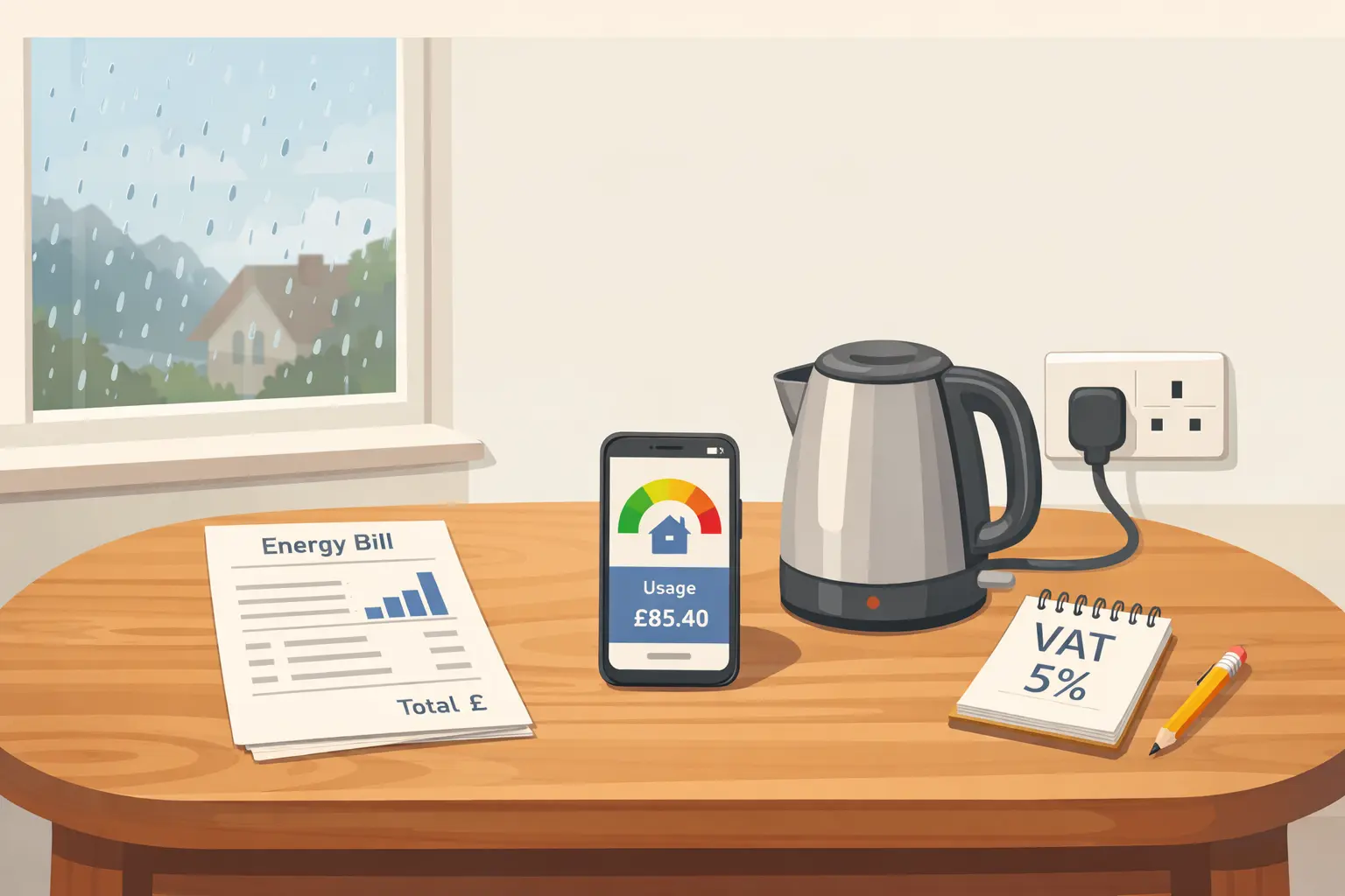 UK household reviewing an energy bill showing 5% VAT on domestic gas and electricity