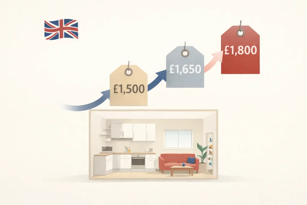 Simple explanation of rent inflation in the UK with rising cost icons and rental home illustration