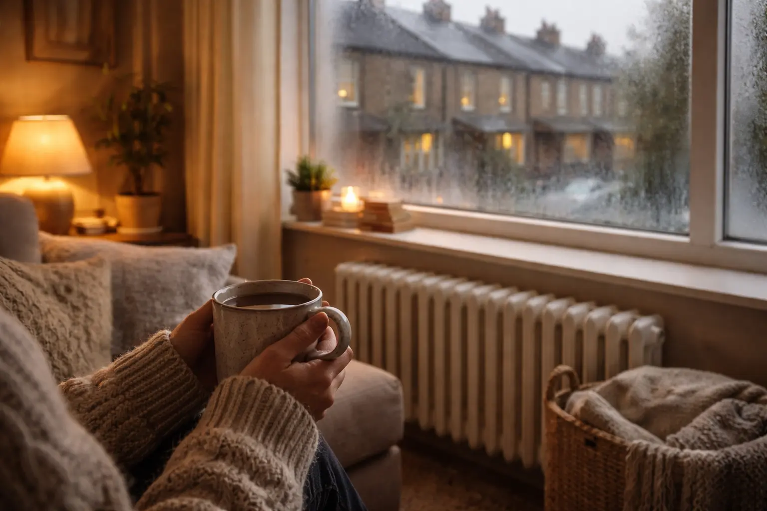 Cosy UK living room in winter with a radiator and a slightly misted window
