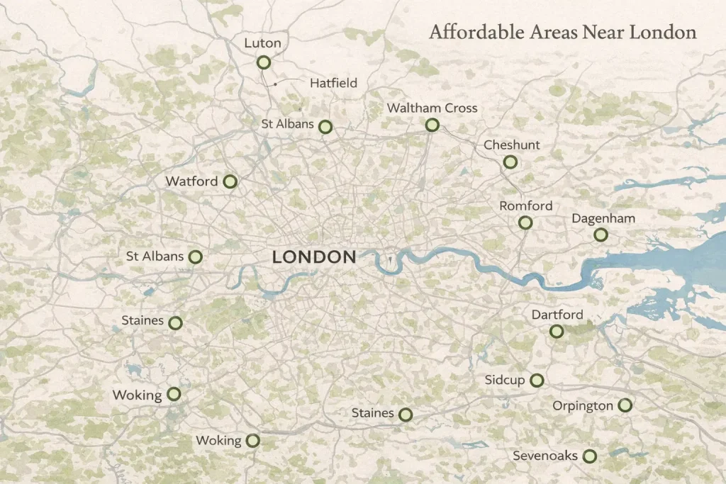Map showing affordable commuter towns near London