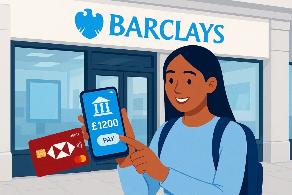 International student using Barclays mobile banking outside a UK branch.
