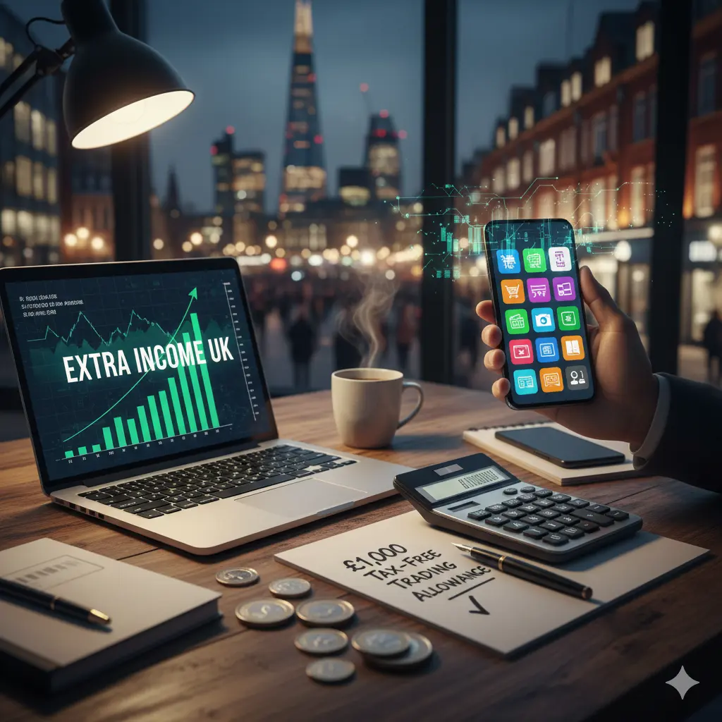 A professional home office in London representing side hustle opportunities in the UK for 2026