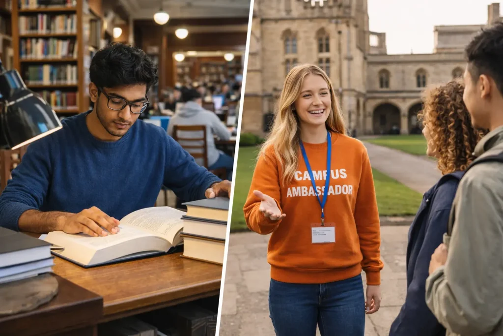 Students working part-time on campus in UK library and ambassador roles