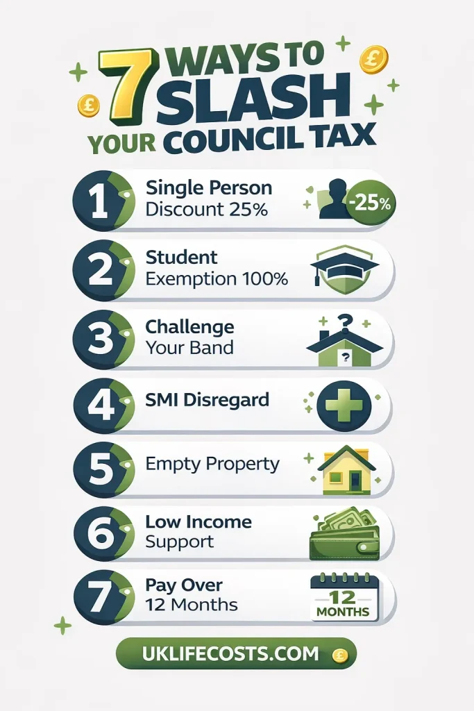 Infographic checklist showing 7 legal ways to reduce Council Tax: Single Person Discount, Student Exemption, Banding Appeal, SMI Disregard, Empty Property, Low Income Support, and 12-Month Payment Plan.