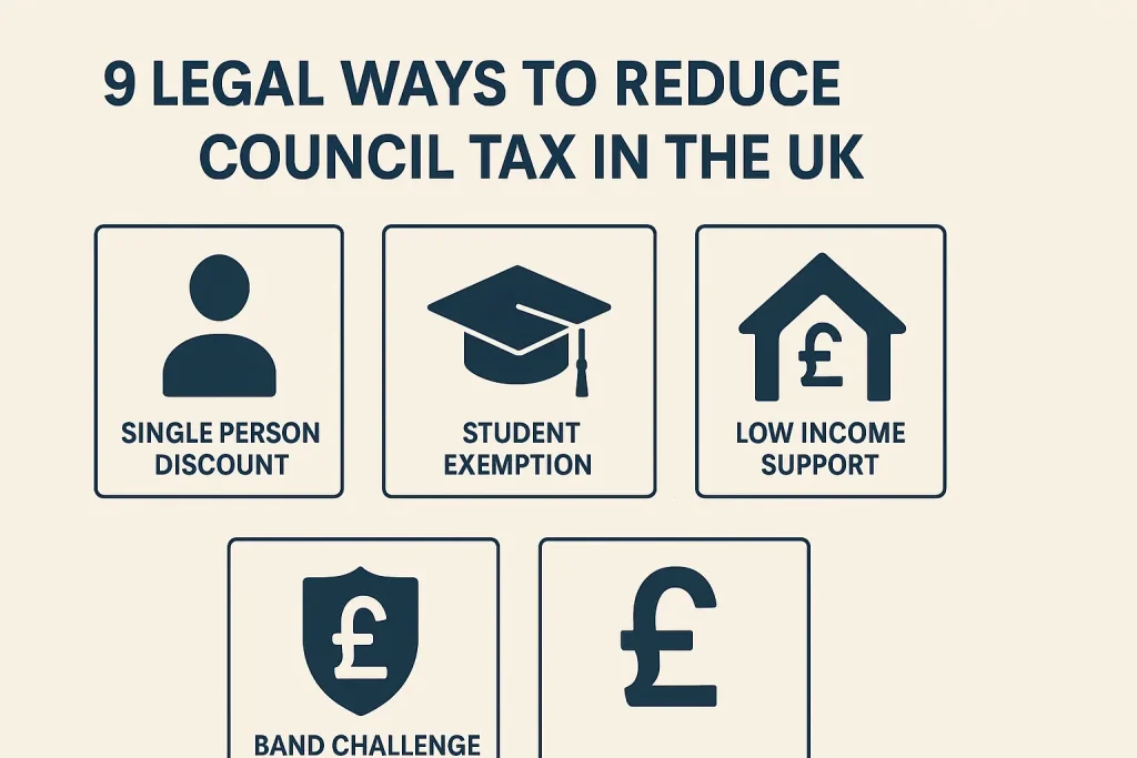 Infographic showing 9 legal ways to reduce council tax in the UK