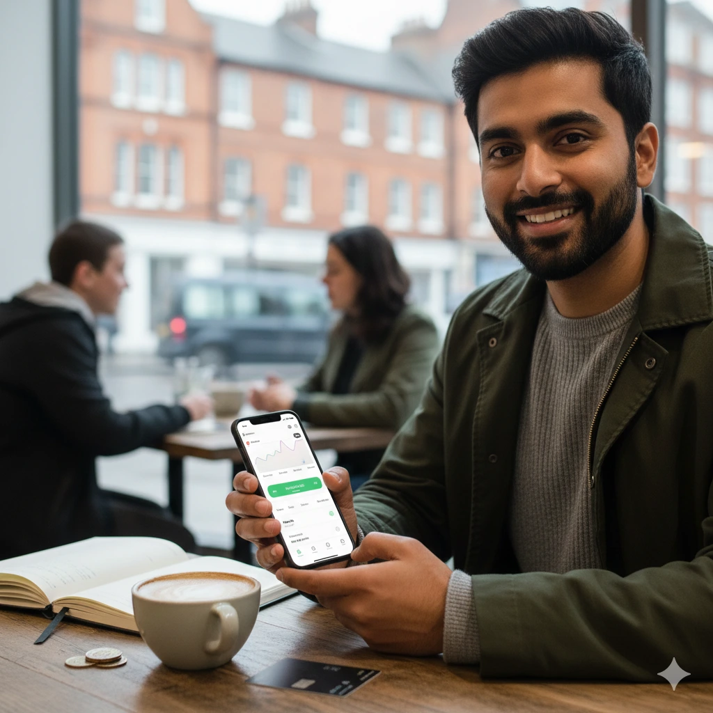 Young person using a mobile banking app on a smartphone in the UK to manage finances