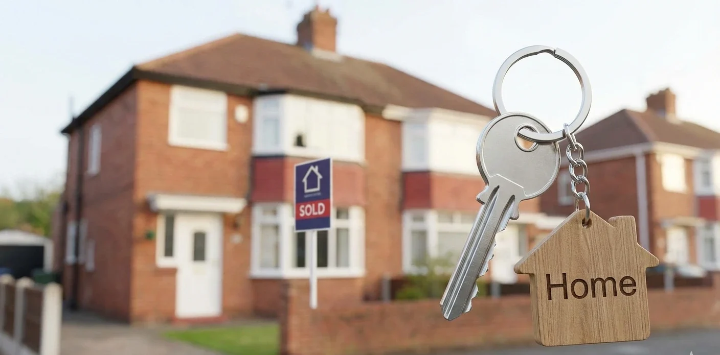 Close up of house keys with a 'Sold' sign in the background of a typical British street