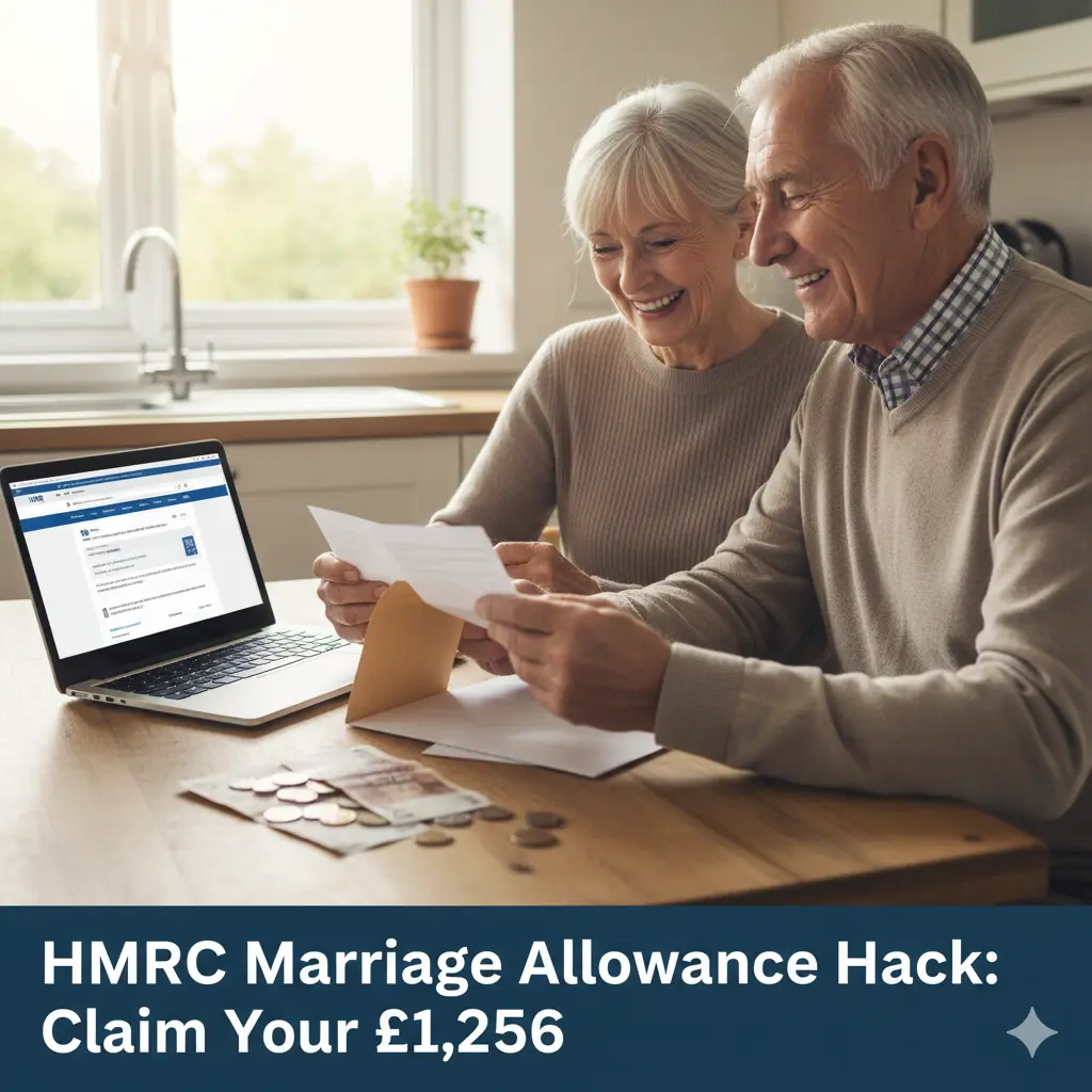 A happy elderly UK couple in a kitchen checking a letter and laptop to claim their HMRC tax-free allowance boost and Marriage Allowance refund.
