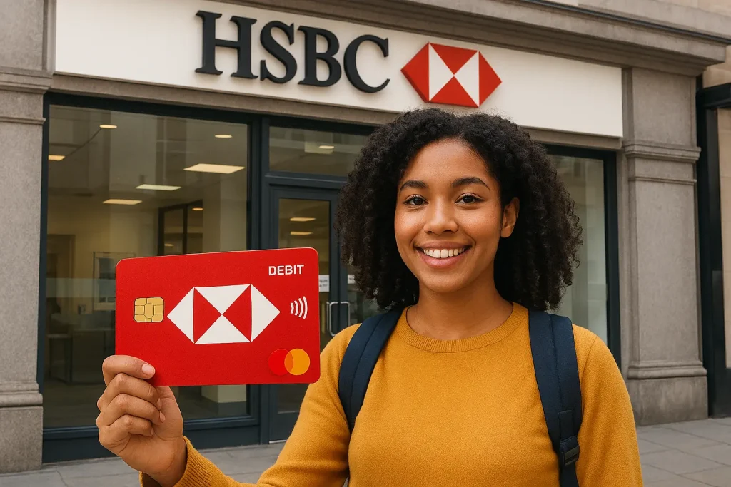 International student holding an HSBC debit card outside a UK HSBC branch.
