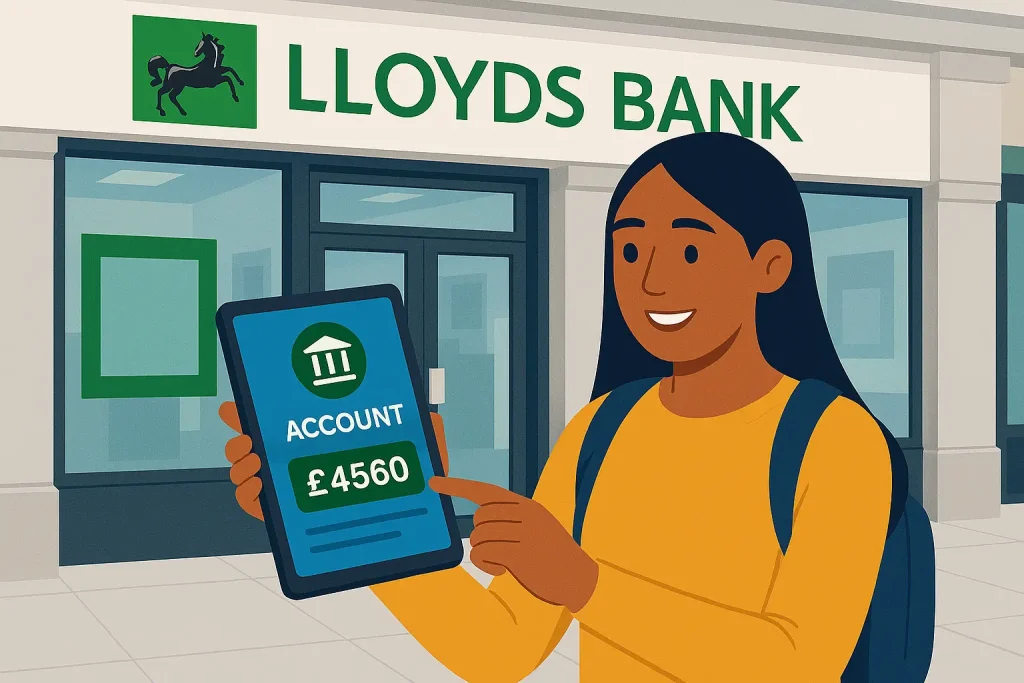 International student managing finances at Lloyds bank in the UK with tablet.
