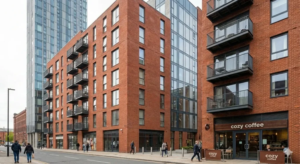 Modern residential apartment buildings in Manchester city centre, representing rental property options and prices for professionals.