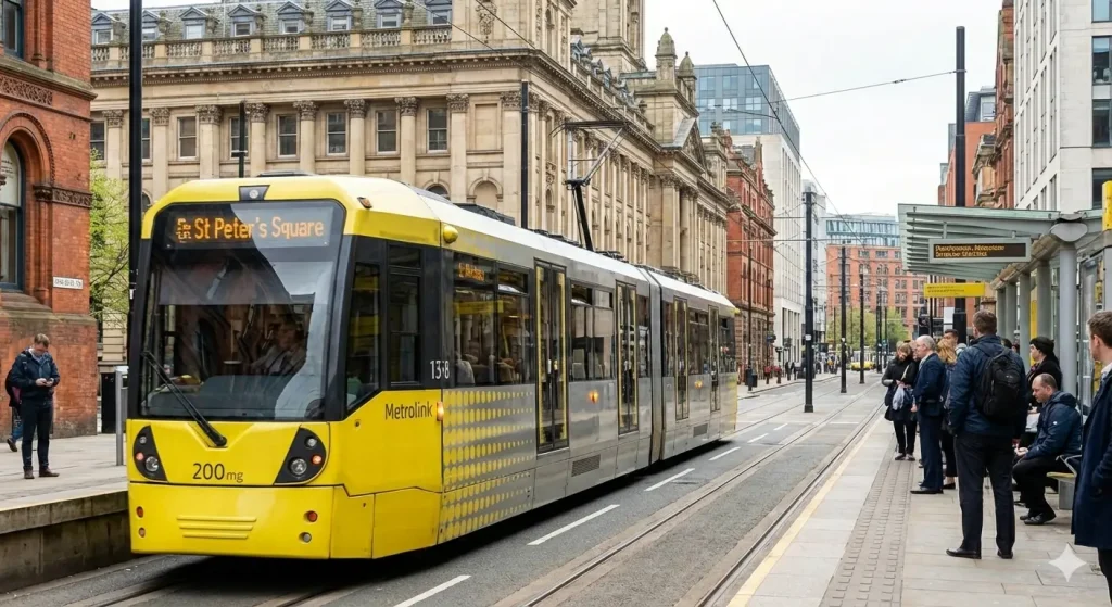 A yellow Metrolink tram travelling through Manchester city centre, illustrating public transport options and commuting costs.