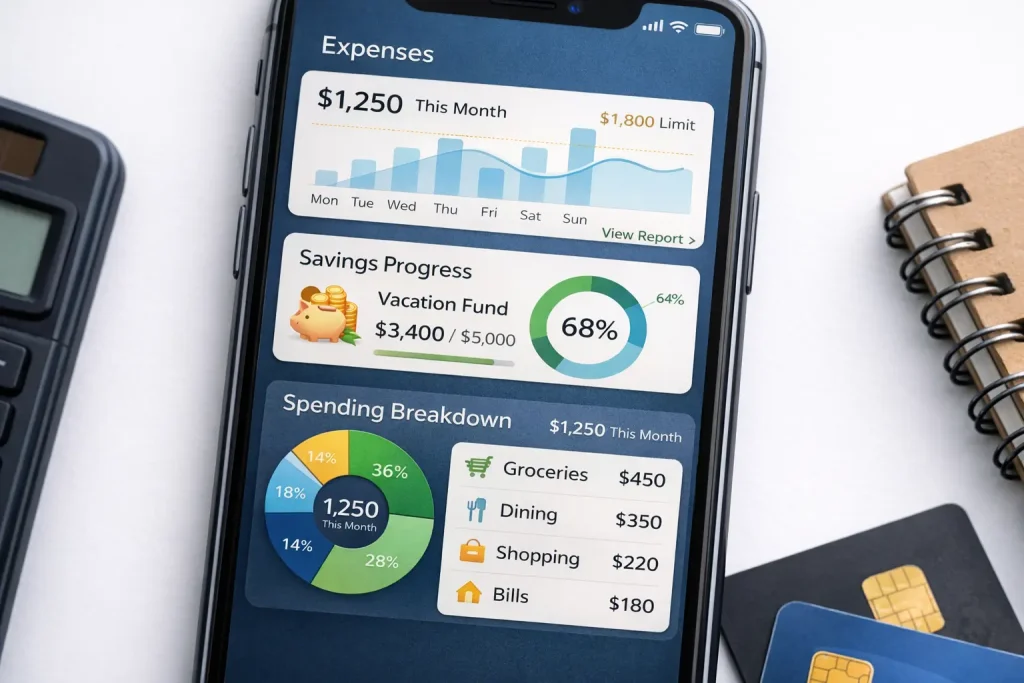 Example dashboard of a money saving app tracking expenses and savings goals