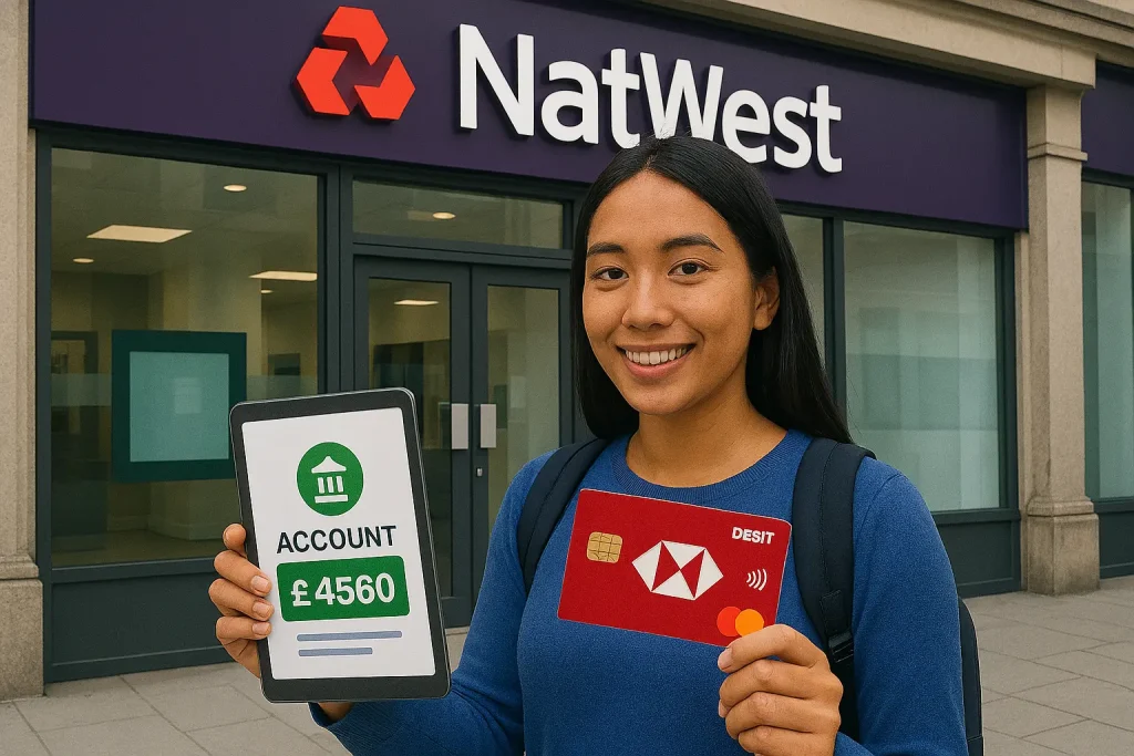 International student holding NatWest bank documents and debit card outside UK branch.

