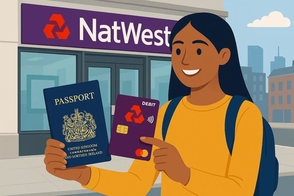 International student holding passport and NatWest debit card outside a UK branch, opening an international student account.
