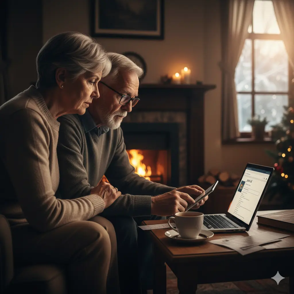 An elderly couple in Scotland sitting by a fireplace, using a laptop to research and solve pension access challenges to reduce financial distress.