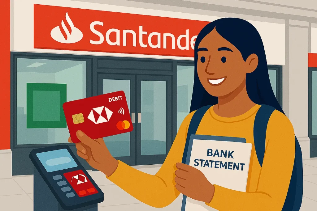 International student using Santander debit card outside UK bank branch.
