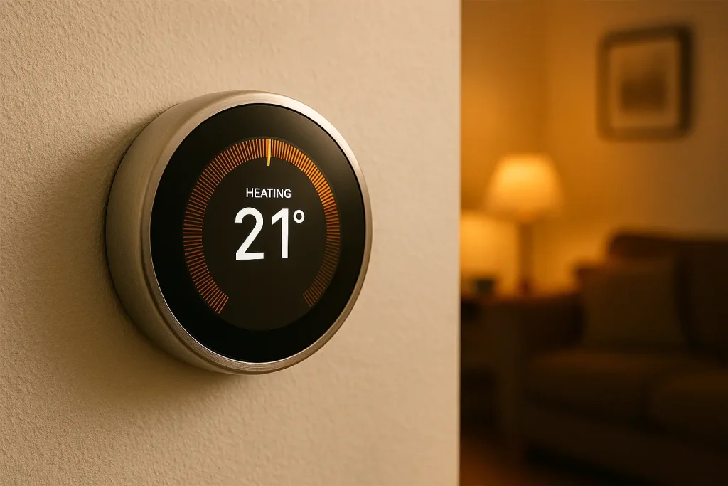 Smart Home Installation Cost in the UK (2026): Realistic Prices, Examples & How to Save Smart thermostat controlling heating in a UK home showing energy savings