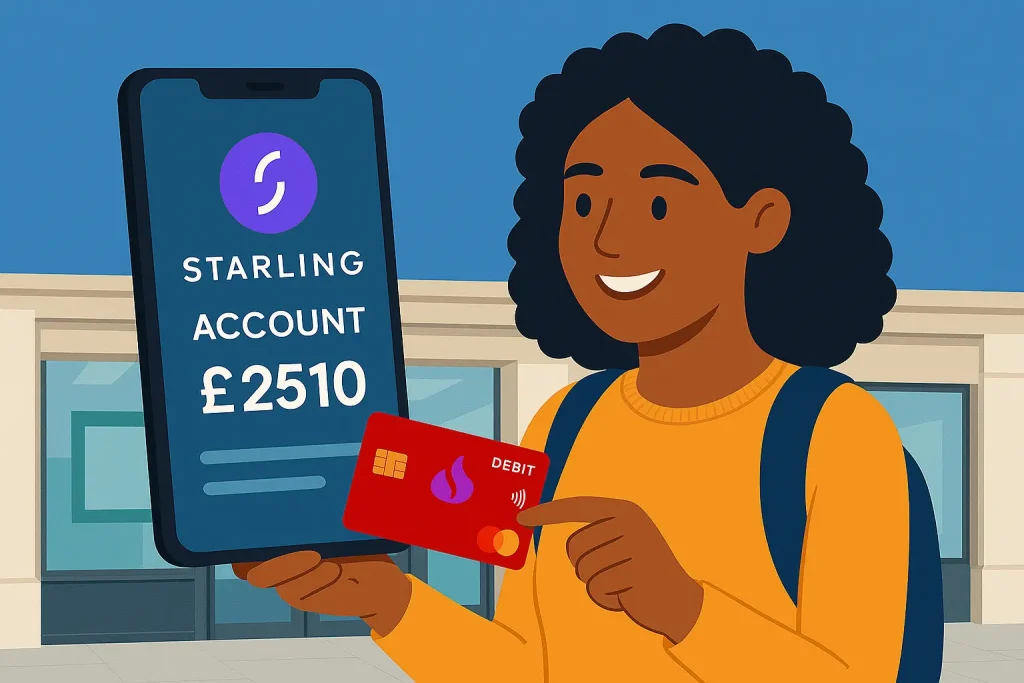 International student using Starling Bank mobile app in the UK.