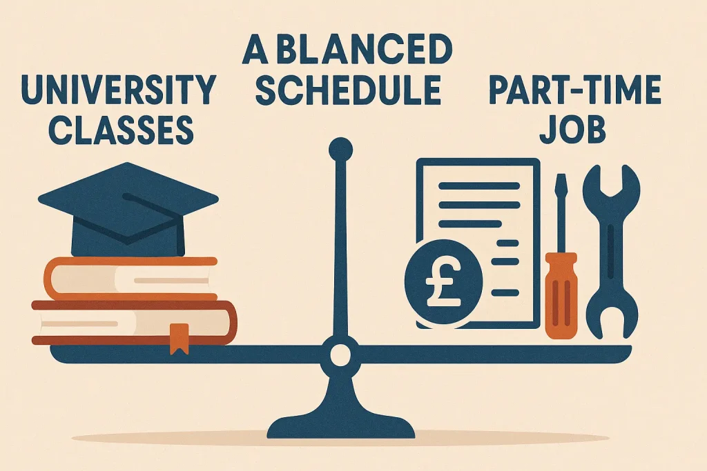 Illustration of UK students balancing part-time work and university study