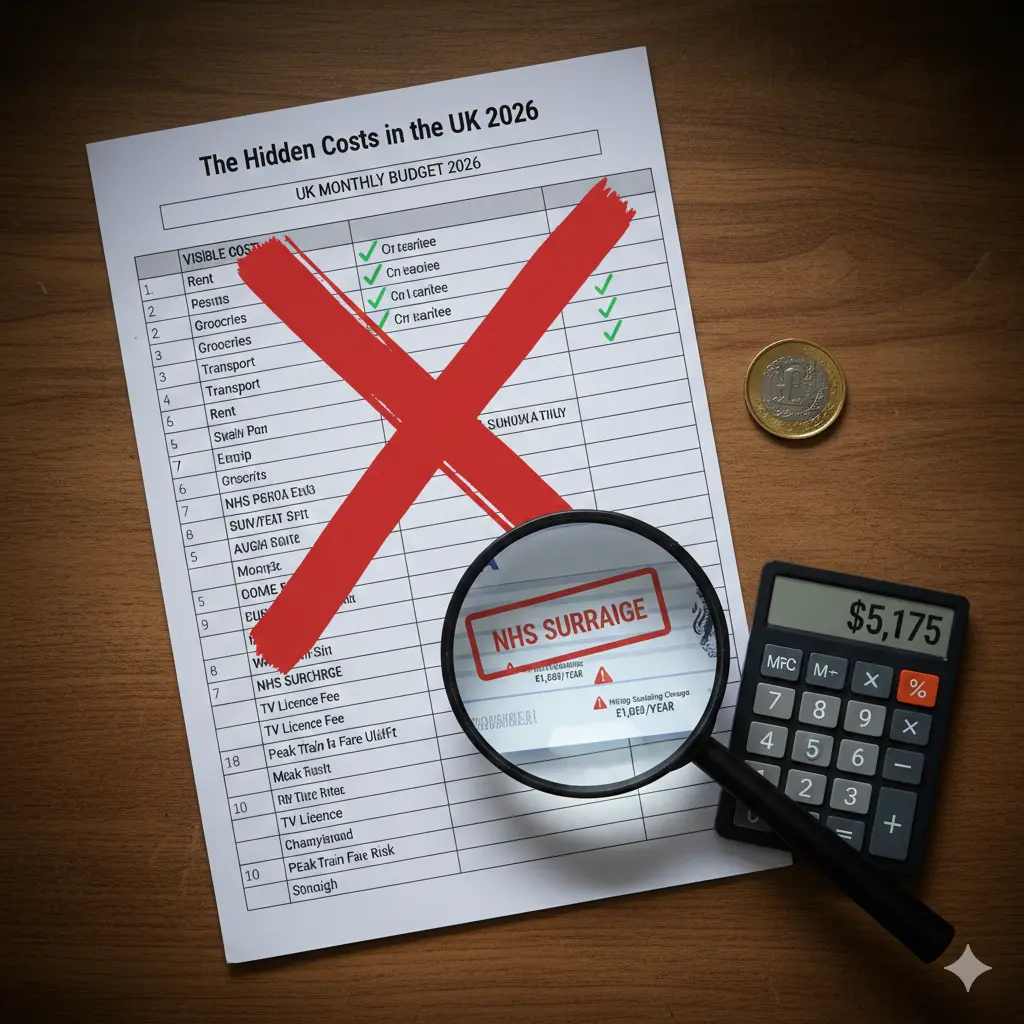 A magnifying glass focusing on hidden NHS surcharge fees on a 2026 UK monthly budget checklist.