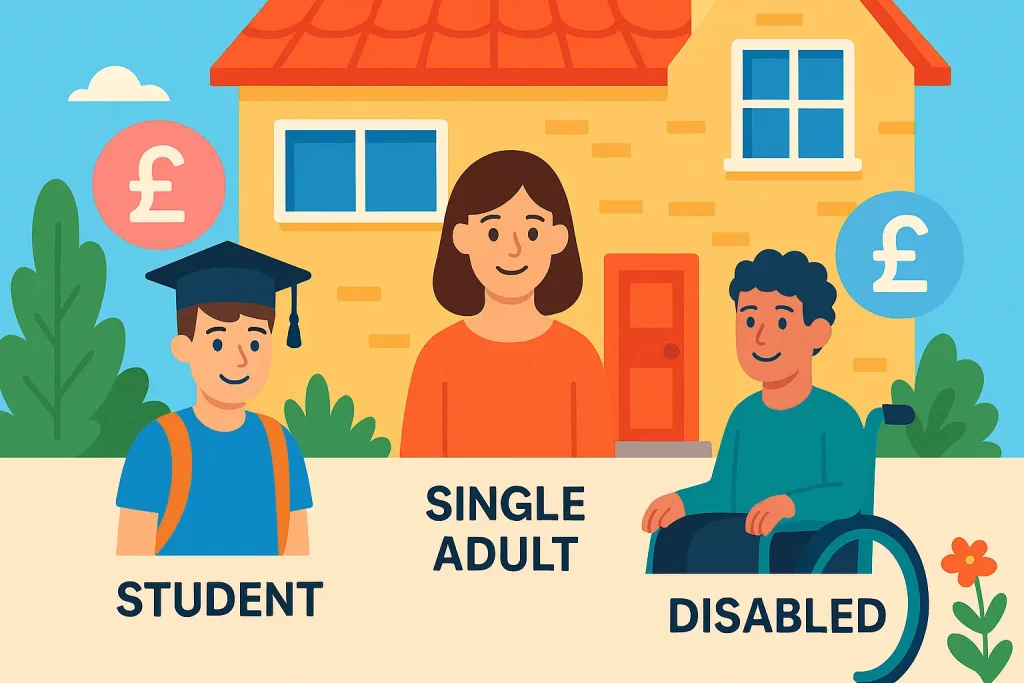 Illustration of UK household showing different council tax reduction eligibility