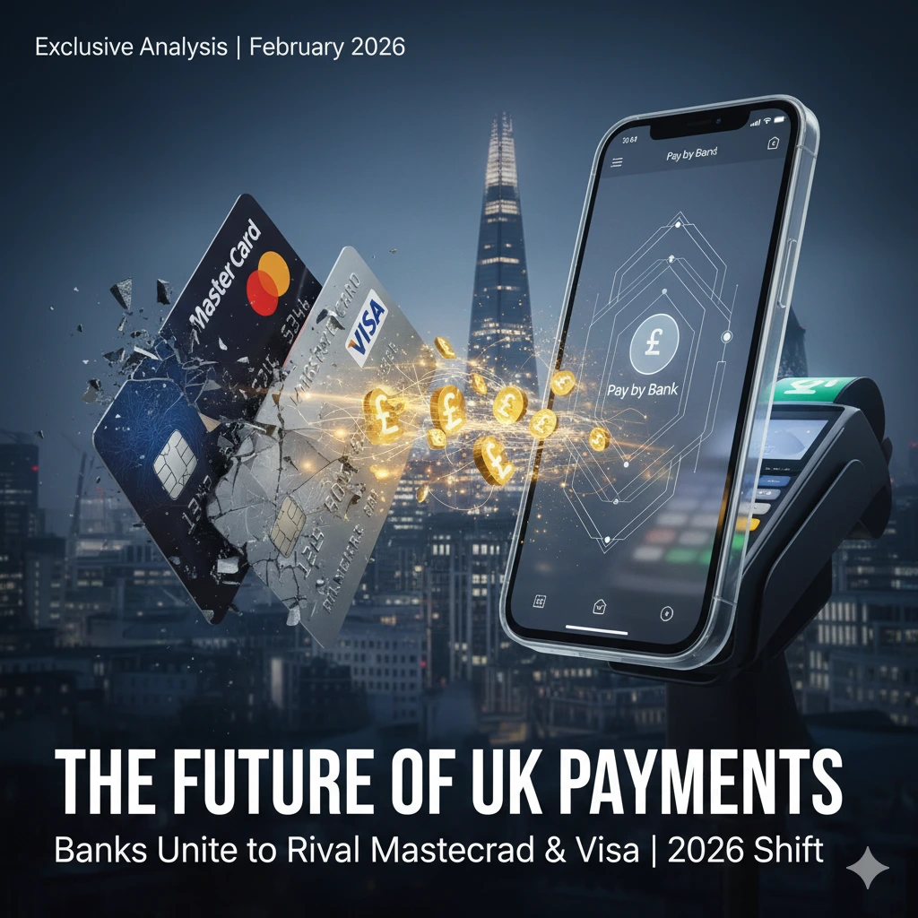 The future of UK payments showing a digital bank alternative to Mastercard and Visa in 2026