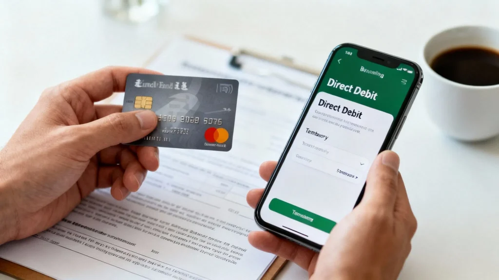 A person holds a credit card and a smartphone displaying a direct debit application, indicating financial management.