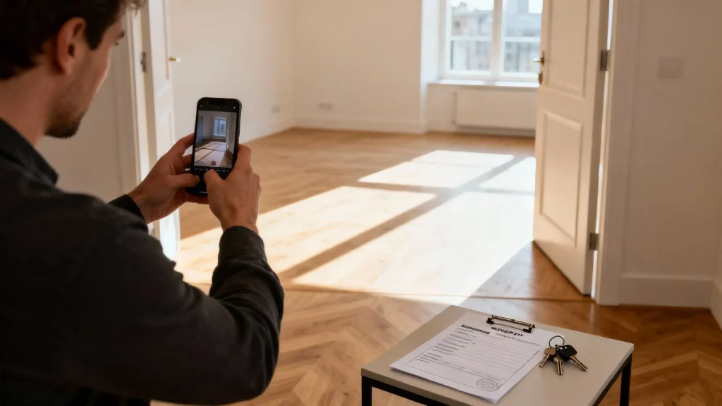 A man takes photos of an empty, sunlit apartment room with a smartphone, keys and a document on a table.