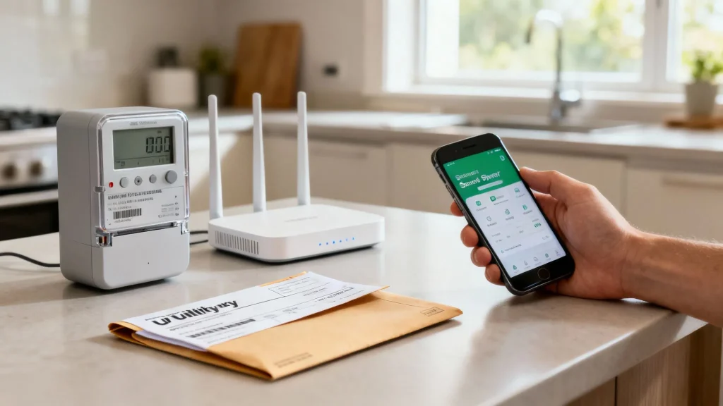 A hand holds a smartphone app while a smart meter, router, and utility bill sit on a counter.